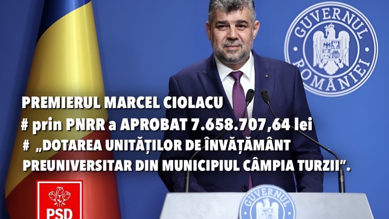 Guvernul condus de Marcel Ciolacu sprijină dezvoltarea educației în municipiul Câmpia Turzii, prin intermediul Proiectului PNRR: 