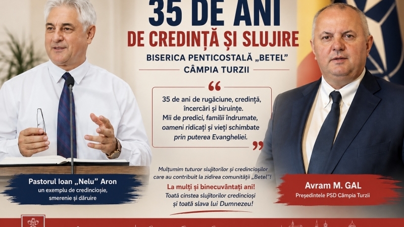 Președintele PSD Câmpia Turzii, Avram M. Gal, mulțumește Bisericii Penticostale „Betel” și pastorului Ioan Aron pentru 35 de ani de credință, slujire și dăruire în folosul comunității