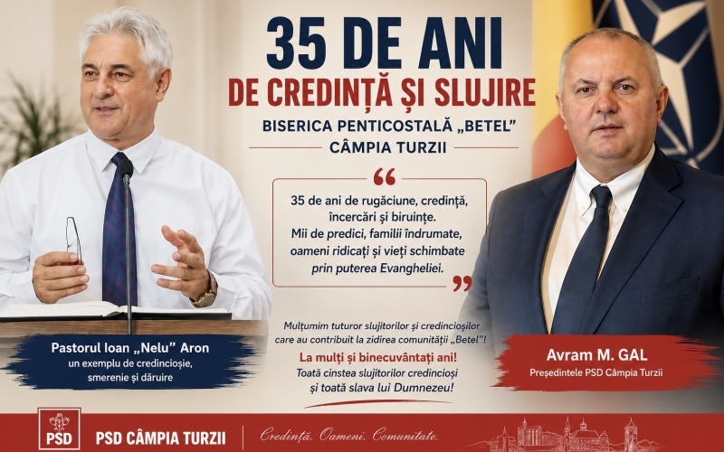 Președintele PSD Câmpia Turzii, Avram M. Gal, mulțumește Bisericii Penticostale „Betel” și pastorului Ioan Aron pentru 35 de ani de credință, slujire și dăruire în folosul comunității